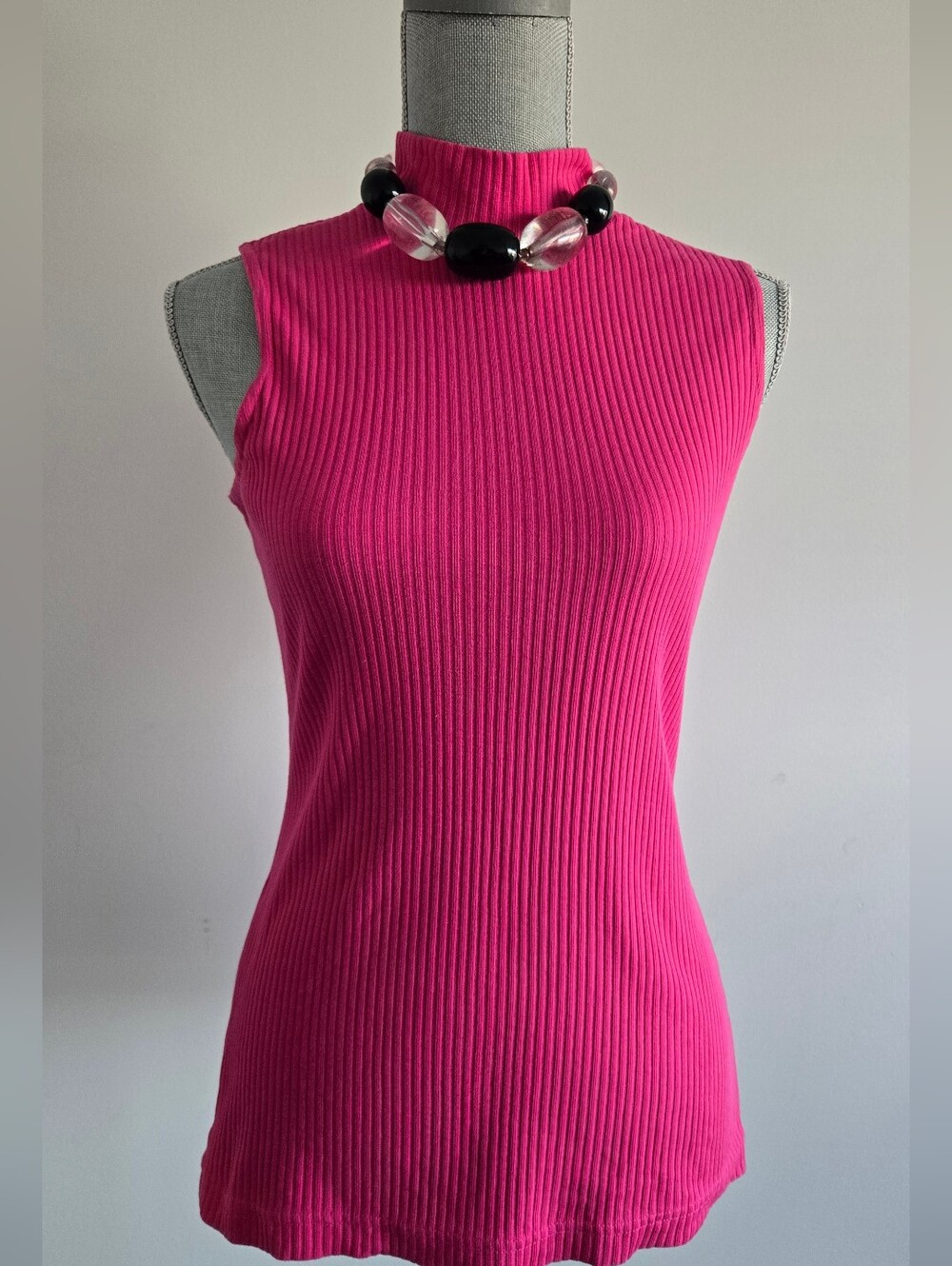 Vintage ESPIRIT Sleeveless Ribbed Mock Neck Tank Pink Made In HONG KONG